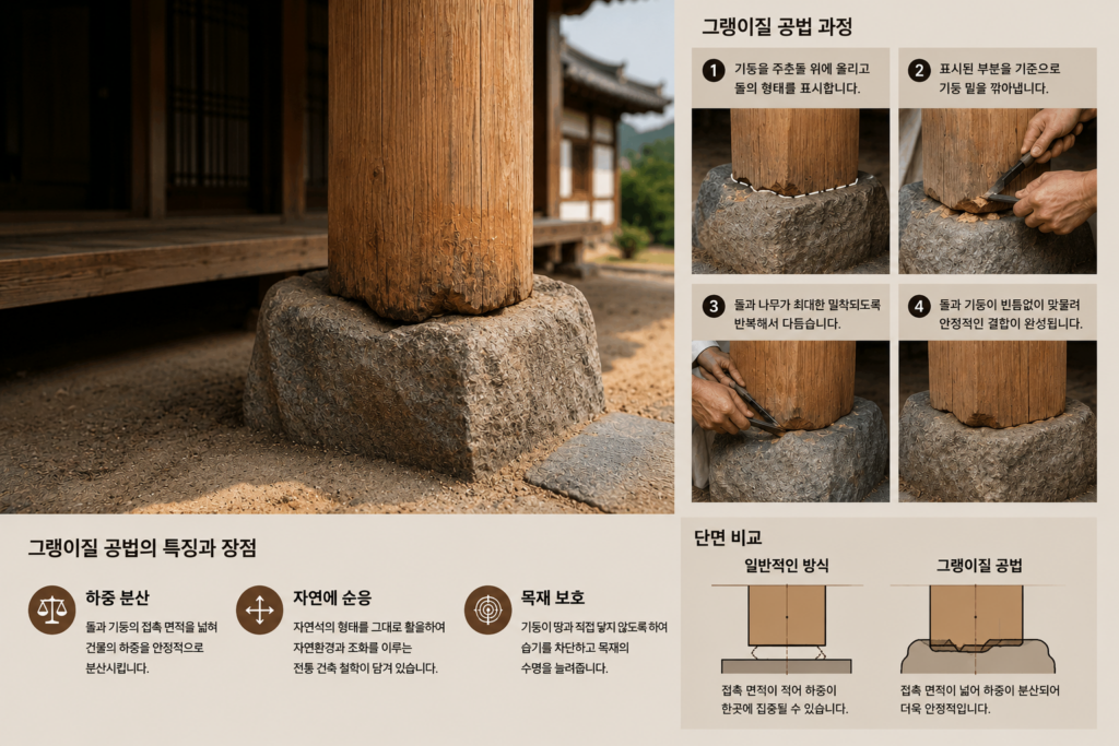 한옥 주춧돌과 나무 기둥을 연결하는 전통 그랭이질 공법