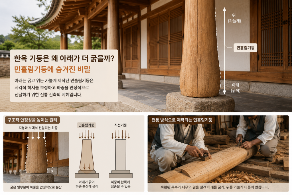 한옥 기둥의 민흘림기둥 구조와 아래가 굵고 위가 가늘어지는 형태