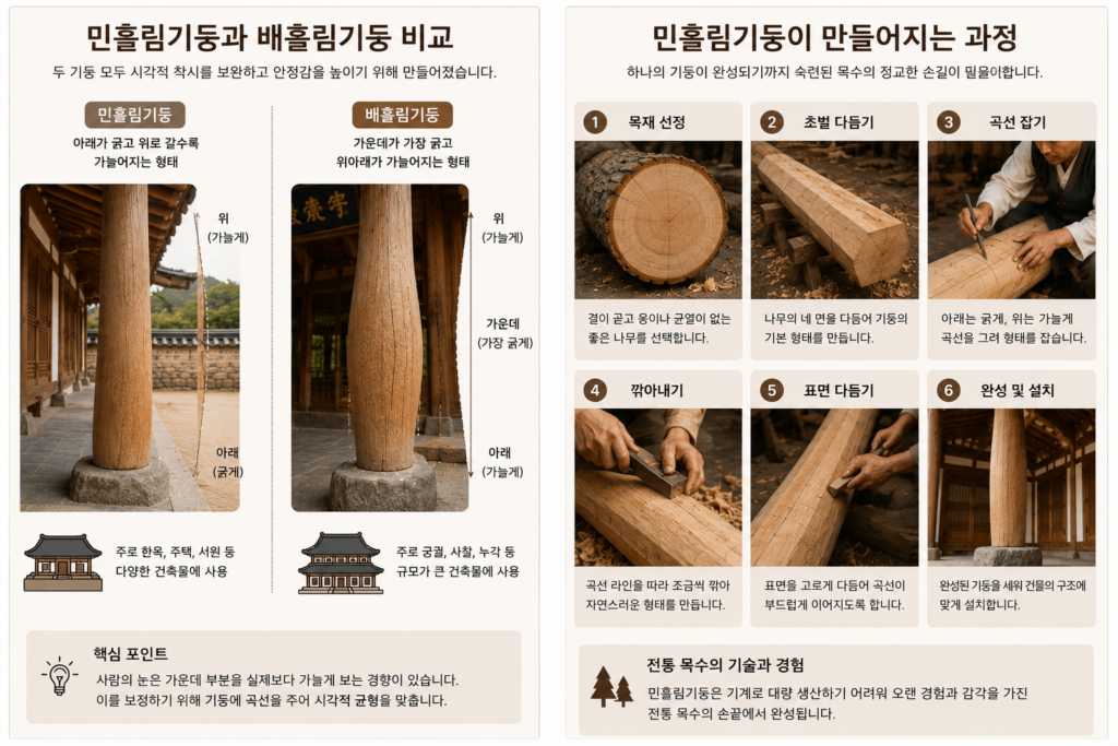 민흘림기둥과 배흘림기둥의 차이와 전통 목수의 민흘림기둥 제작 과정