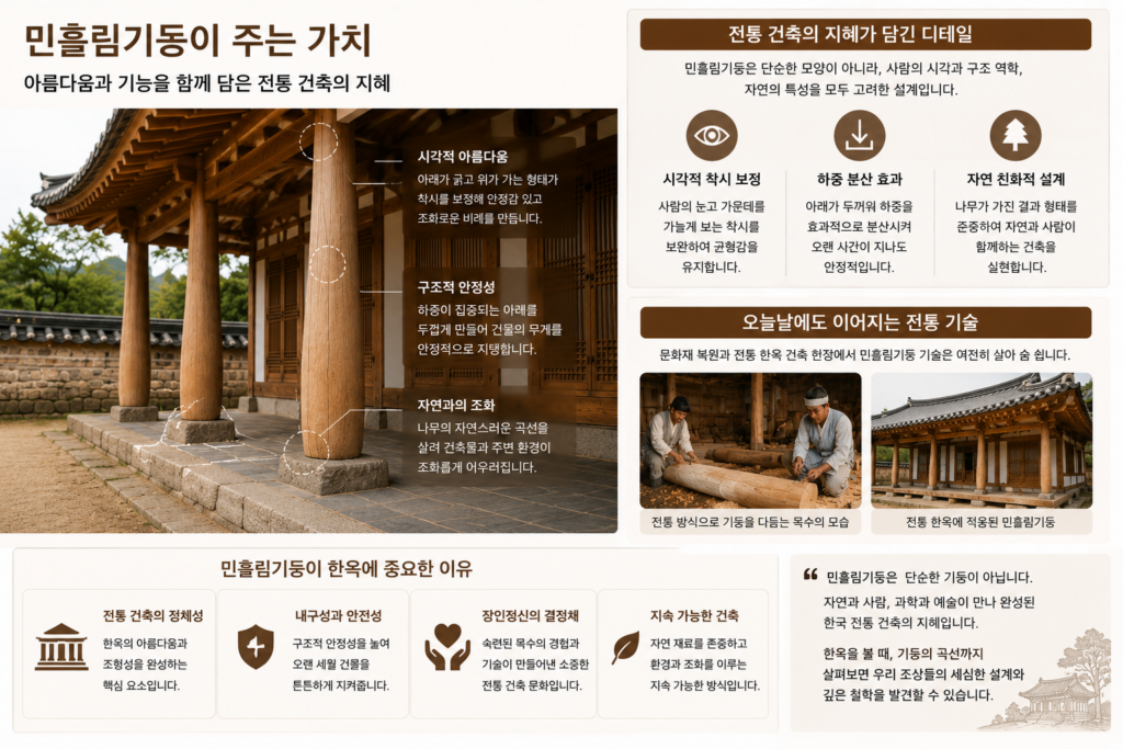 민흘림기둥의 구조적 안정성과 전통 건축 가치를 설명하는 한옥 인포그래픽