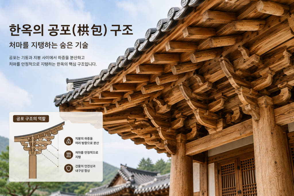 한옥 공포 구조가 처마를 지탱하고 하중을 분산하는 원리를 설명하는 인포그래픽