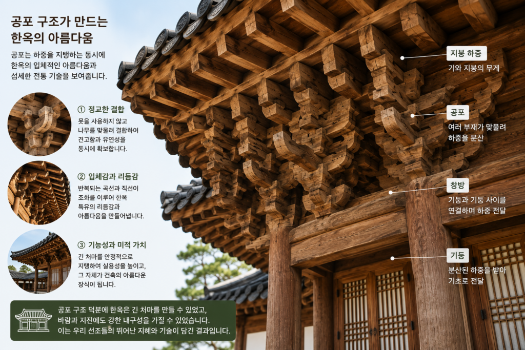 한옥 처마 아래 정교하게 맞물린 공포가 만드는 전통 건축의 아름다움