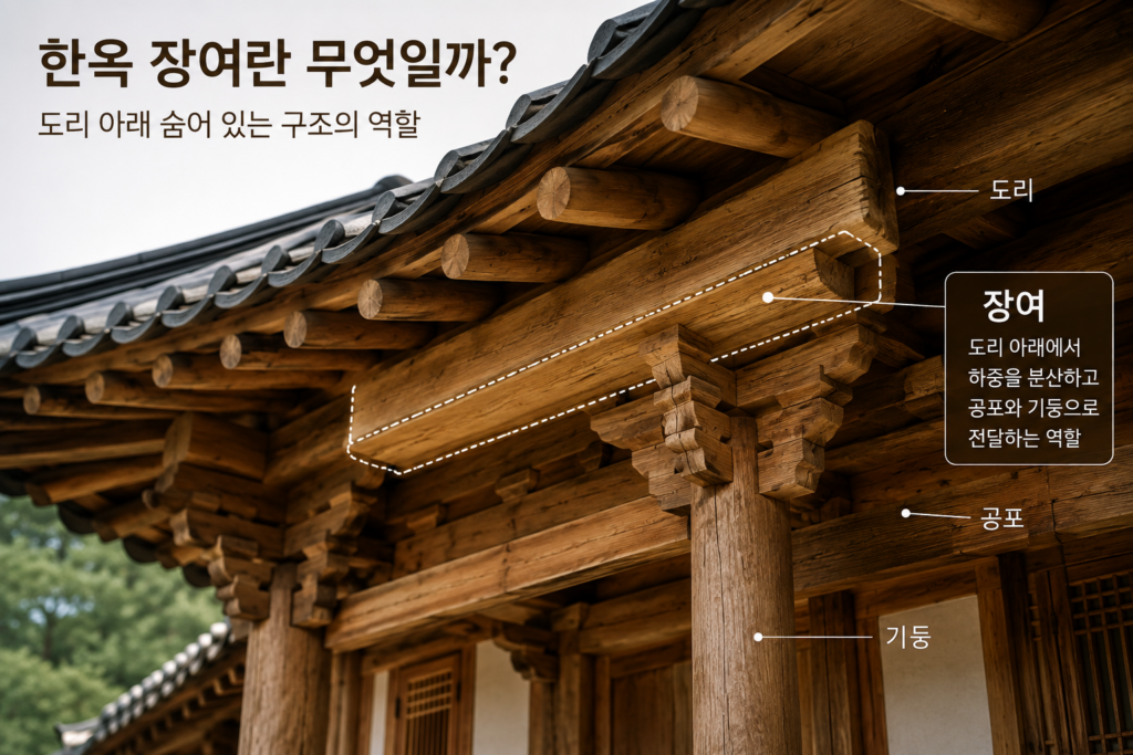한옥 장여 구조와 도리, 공포가 연결된 전통 목구조를 보여주는 처마 하부 상세 모습