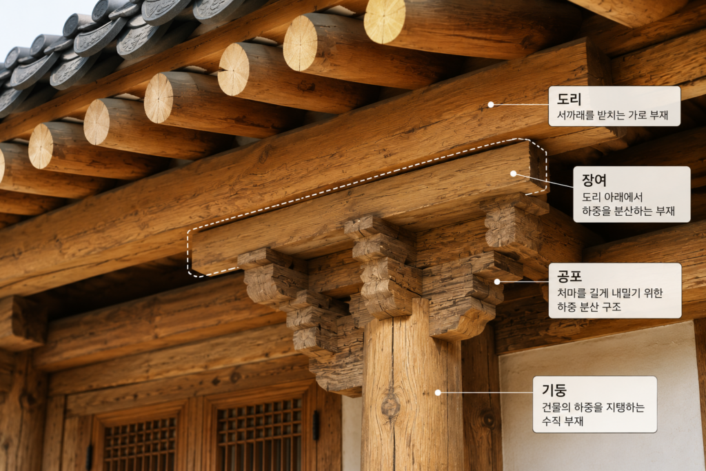 한옥 처마 아래 장여가 지붕 하중을 분산하는 전통 목구조 상세 모습