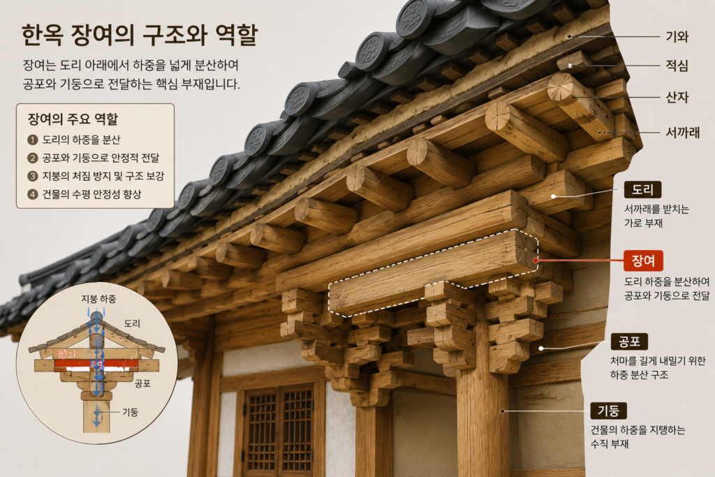 한옥 장여의 하중 분산 원리와 도리·공포 연결 구조를 설명하는 전통 목조건축 인포그래픽