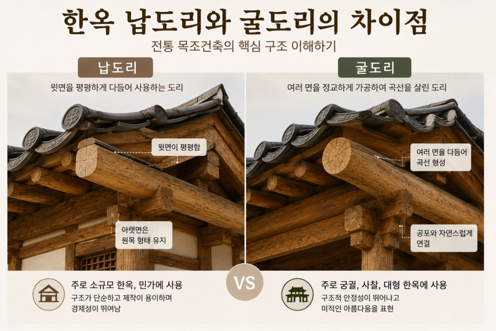 한옥 납도리와 굴도리의 구조 차이와 전통 목조건축 특징을 비교한 인포그래픽