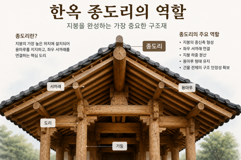 한옥 종도리의 위치와 역할을 설명하는 전통 목조건축 구조 인포그래픽