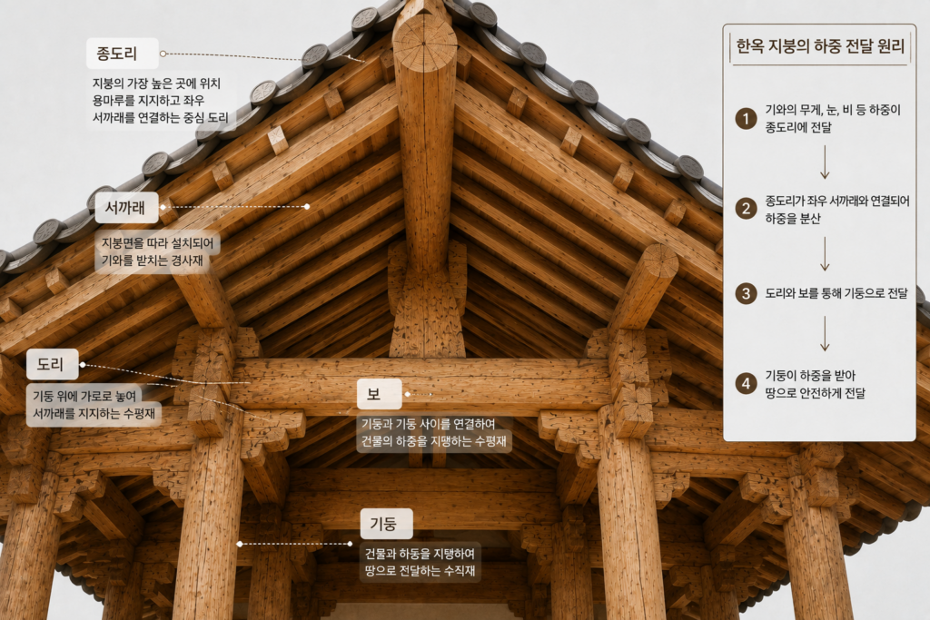 한옥 종도리를 중심으로 지붕 하중이 기둥까지 전달되는 전통 목구조 인포그래픽