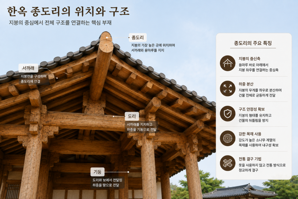 한옥 종도리의 구조적 특징과 전통 결구 방식을 설명하는 목조건축 인포그래픽