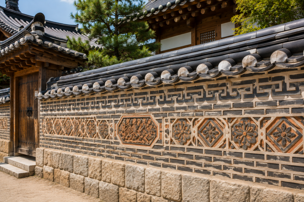 전통 한옥 화방담의 꽃무늬 벽돌 문양과 장식 기법을 보여주는 담장