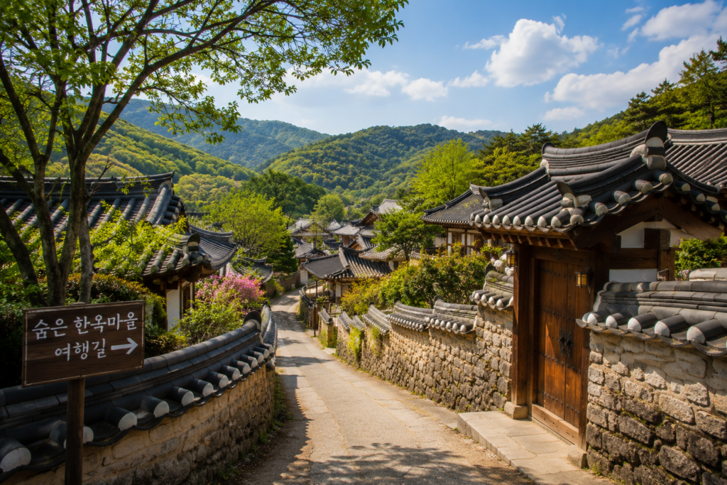 조용한 숨은 한옥마을의 돌담길과 전통 기와지붕이 어우러진 한옥 여행 풍경