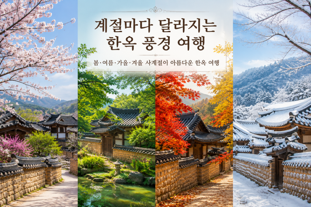 봄 여름 가을 겨울 사계절마다 아름다운 풍경을 보여주는 전통 한옥마을 여행 이미지