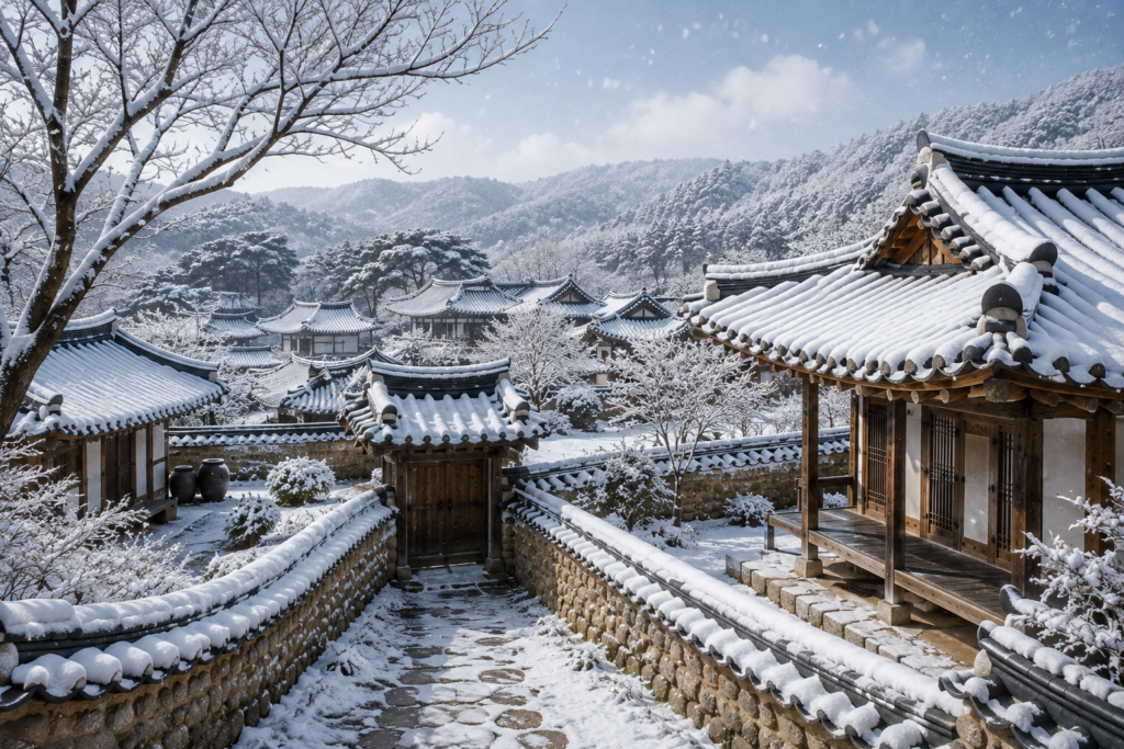 눈 덮인 전통 한옥마을의 겨울 설경과 기와지붕이 어우러진 사계절 한옥 여행 풍경