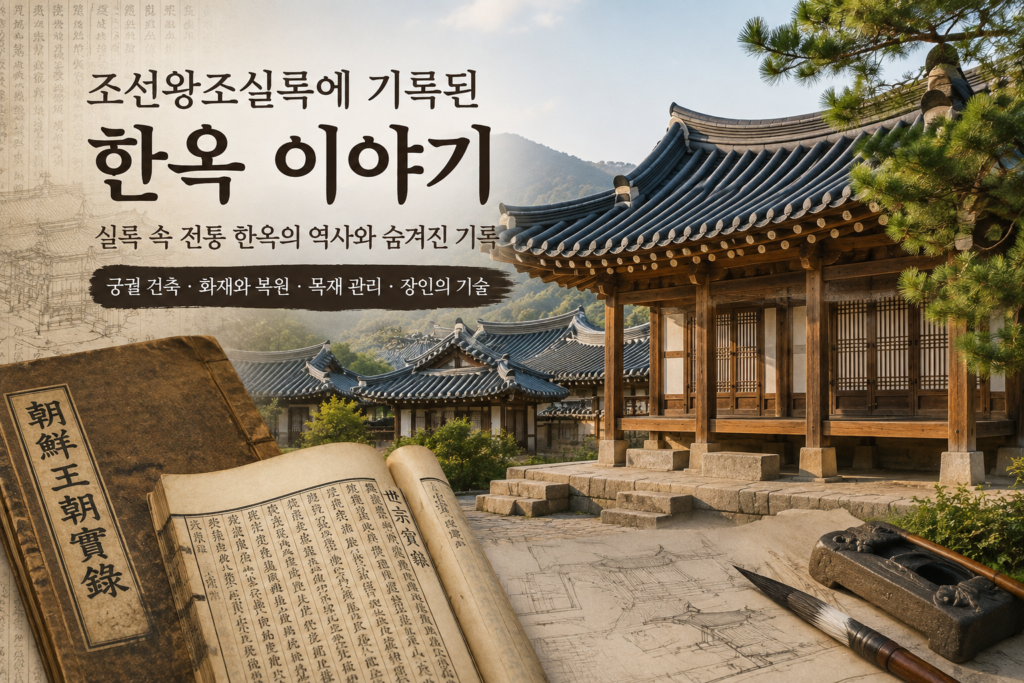 조선왕조실록과 전통 한옥이 함께 표현된 역사 자료 이미지로 살펴보는 조선시대 한옥 건축 이야기