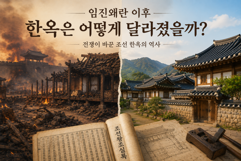 임진왜란으로 소실된 한옥과 전쟁 이후 복원된 전통 한옥을 비교한 조선시대 한옥 역사 이미지