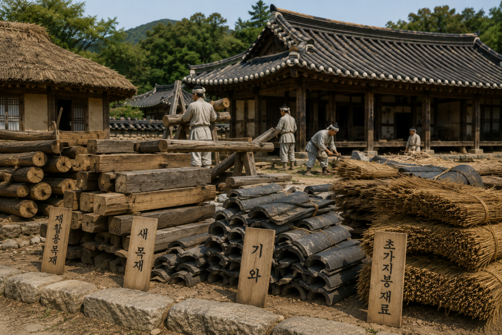 임진왜란 이후 재활용 목재와 기와, 초가지붕 재료를 활용한 전통 한옥 건축 자재 변화 모습