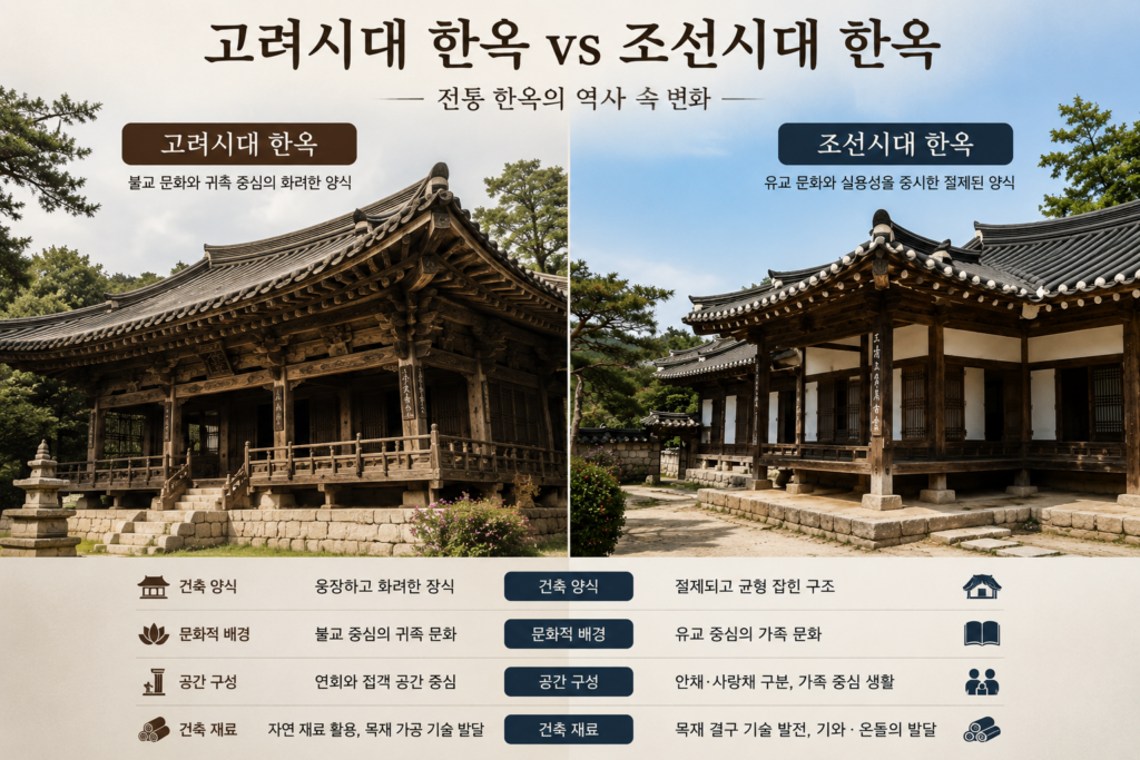 고려시대 한옥과 조선시대 한옥의 건축 양식과 구조 차이를 비교한 전통 한옥 역사 이미지