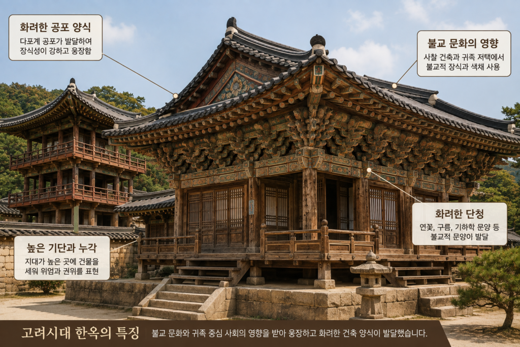 불교 문화의 영향을 받은 고려시대 한옥의 화려한 공포와 단청, 웅장한 전통 목조건축 양식