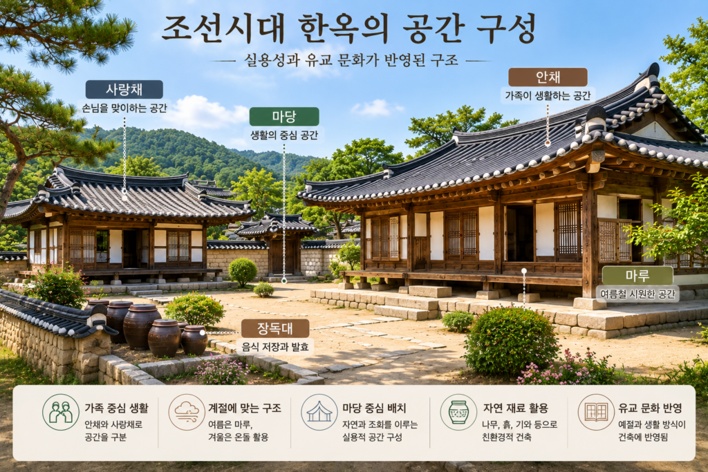 조선시대 한옥의 안채와 사랑채, 마당 중심 공간 구성을 보여주는 전통 한옥 생활문화 이미지