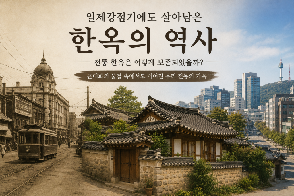 일제강점기 도시 개발 속에서도 보존된 전통 한옥과 근대 도시의 변화를 보여주는 한옥 역사 이미지