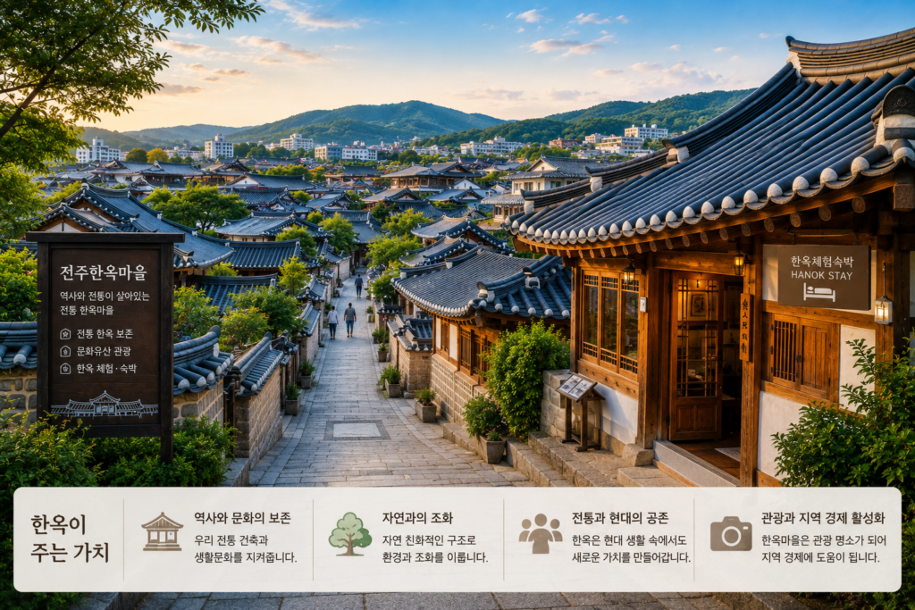 전주한옥마을처럼 보존된 전통 한옥마을과 현대에도 이어지는 한옥 문화유산의 가치