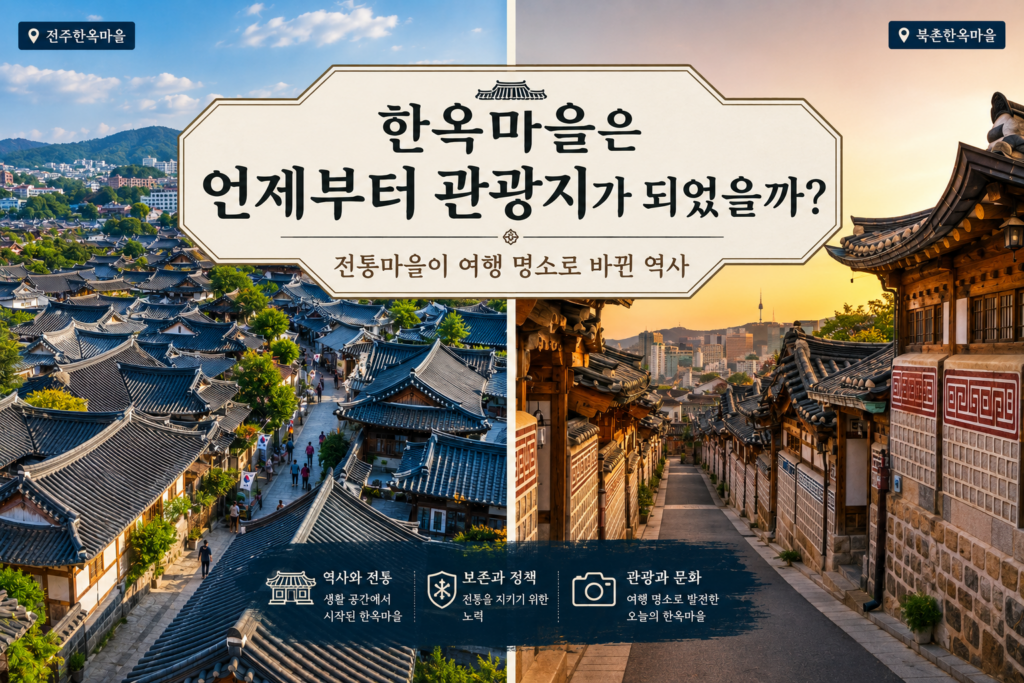 전주한옥마을과 북촌한옥마을의 전통 한옥 풍경을 통해 관광지로 발전한 한옥마을의 역사를 보여주는 이미지