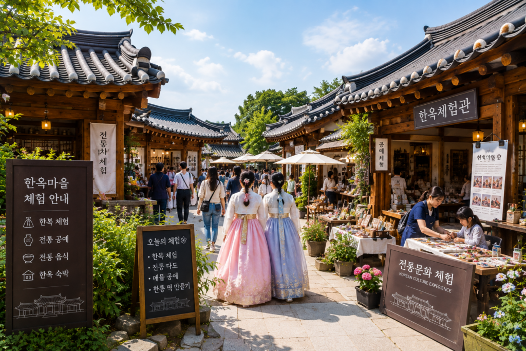 전주한옥마을에서 한복 체험과 전통 공예, 한옥 체험 프로그램을 즐기는 관광객들의 문화 체험 풍경