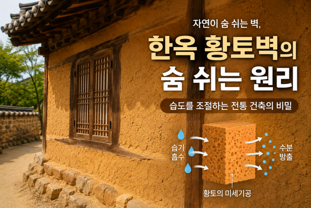 전통 한옥 황토벽의 질감과 습도 조절 원리를 보여주는 외벽 모습