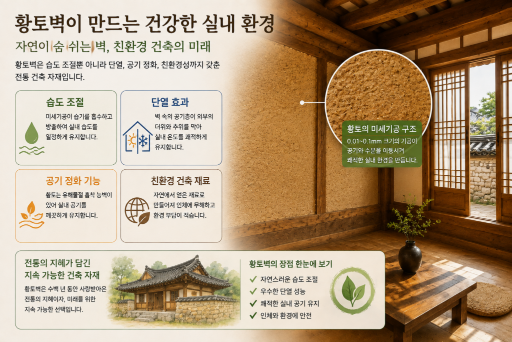 한옥 황토벽의 단열 성능과 친환경 건축 재료의 장점을 설명한 이미지