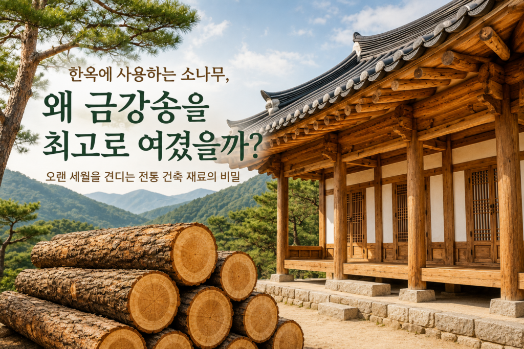 전통 한옥 건축에 사용되는 금강송 목재와 소나무 기둥의 모습