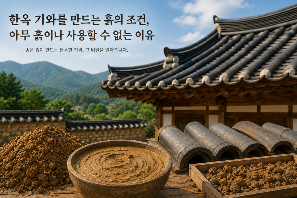 한옥 기와 제작에 사용되는 점토와 전통 기와 지붕의 모습