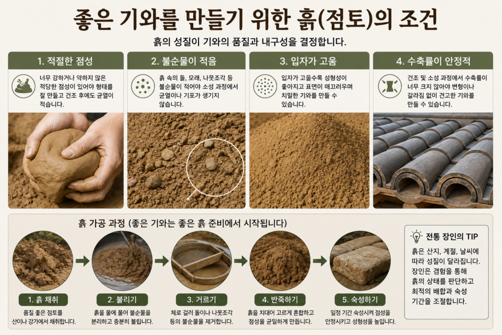 전통 한옥 기와 제작을 위한 점토의 조건과 흙 가공 과정을 설명한 이미지