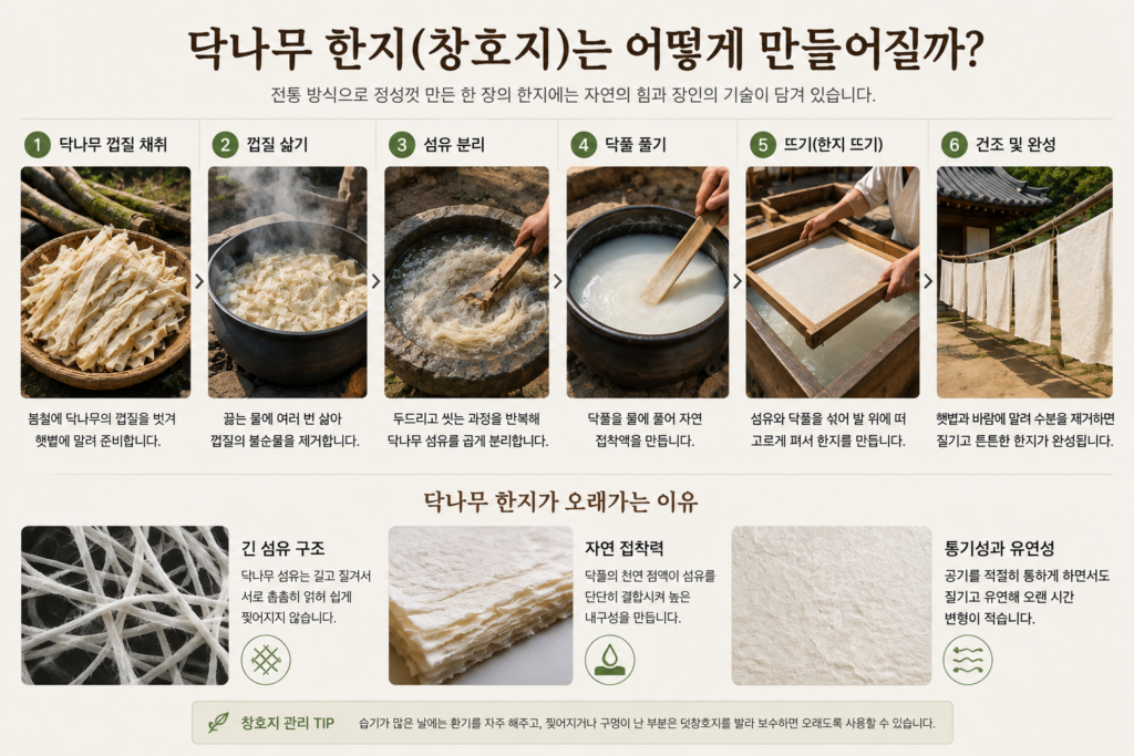 전통 닥나무 한지의 제작 과정과 창호지가 오래가는 이유를 설명한 이미지