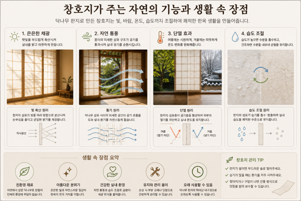 한옥 창호지의 자연 채광과 통풍, 습도 조절 기능을 설명한 이미지