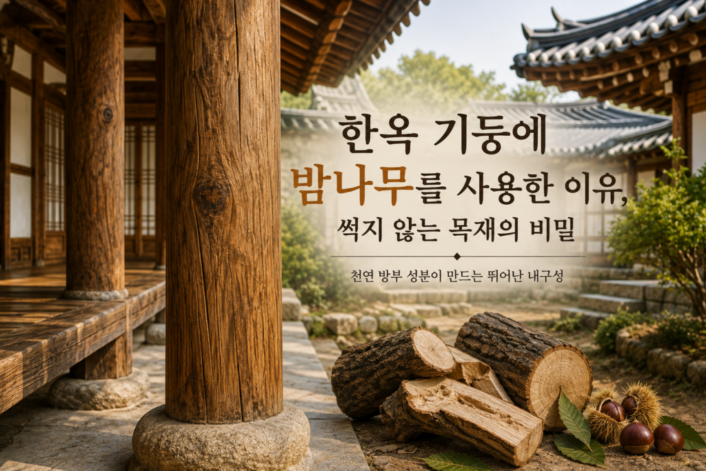 전통 한옥 기둥에 사용되는 밤나무 목재와 뛰어난 내구성을 보여주는 모습