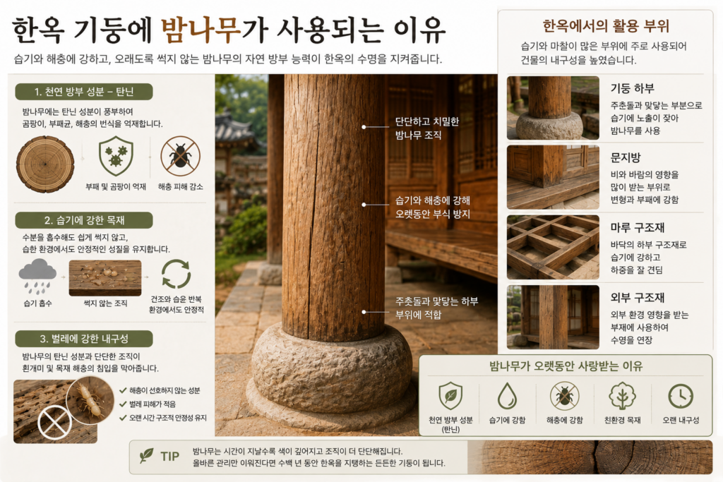 한옥 기둥에 사용되는 밤나무 목재의 내구성과 천연 방부 성분을 설명한 이미지