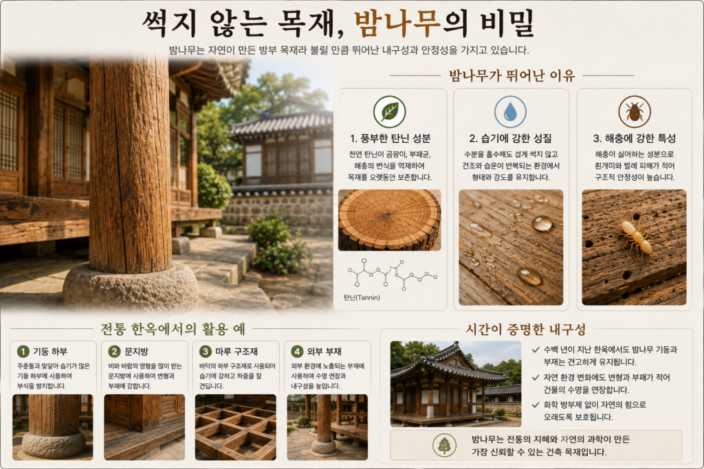 전통 한옥에서 밤나무 목재가 사용되는 부위와 뛰어난 내구성을 설명한 이미지