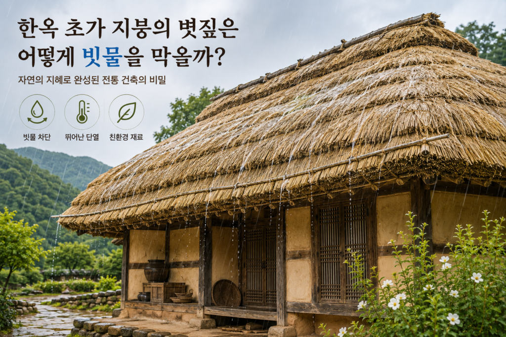 전통 한옥 초가지붕의 볏짚 구조와 빗물을 효과적으로 흘려보내는 모습