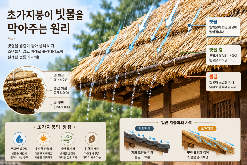 한옥 초가지붕의 볏짚 구조와 빗물 배수 원리를 설명한 이미지