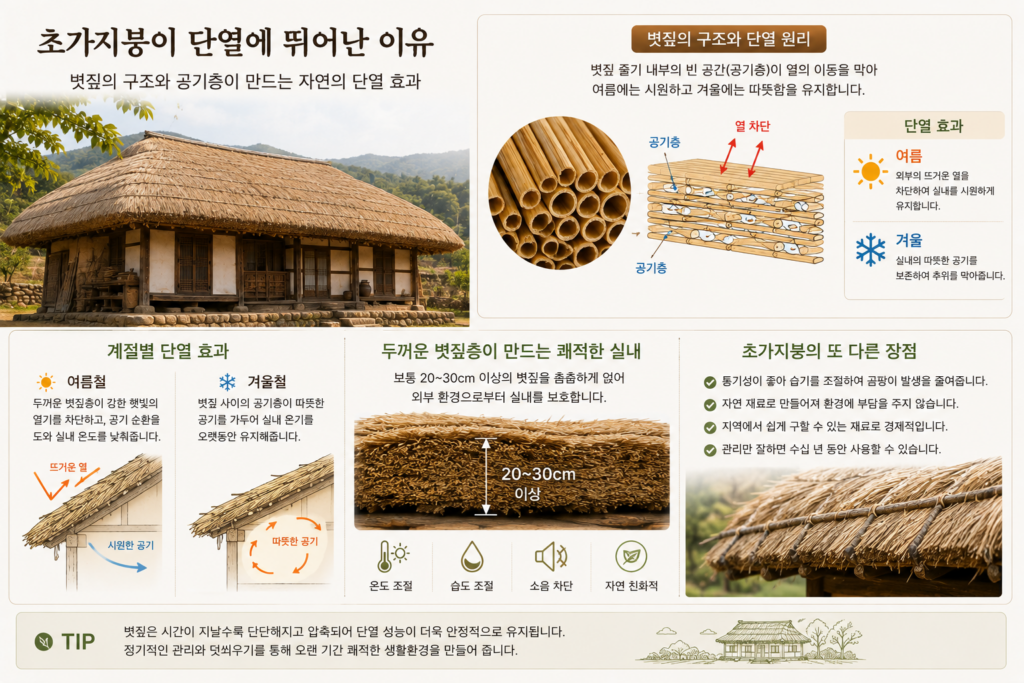 한옥 초가지붕의 볏짚 공기층 구조와 뛰어난 단열 효과를 설명한 이미지