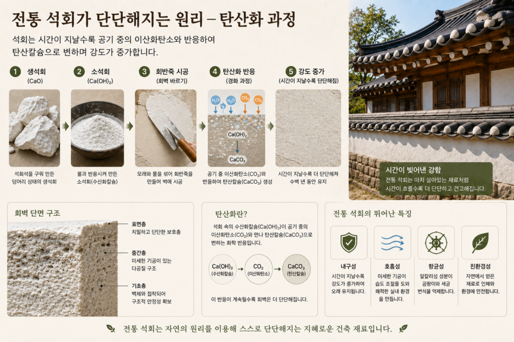 전통 석회의 탄산화 과정과 한옥 회벽이 단단해지는 원리를 설명한 이미지
