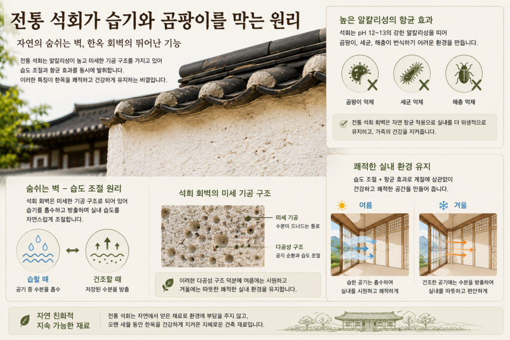 전통 석회 회벽의 습도 조절과 항균·항곰팡이 기능을 설명한 이미지