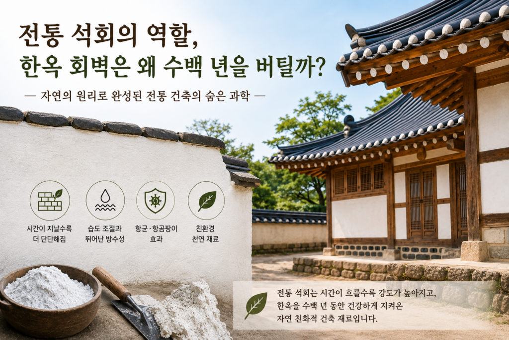 전통 석회로 마감한 한옥 회벽과 뛰어난 내구성을 보여주는 모습
