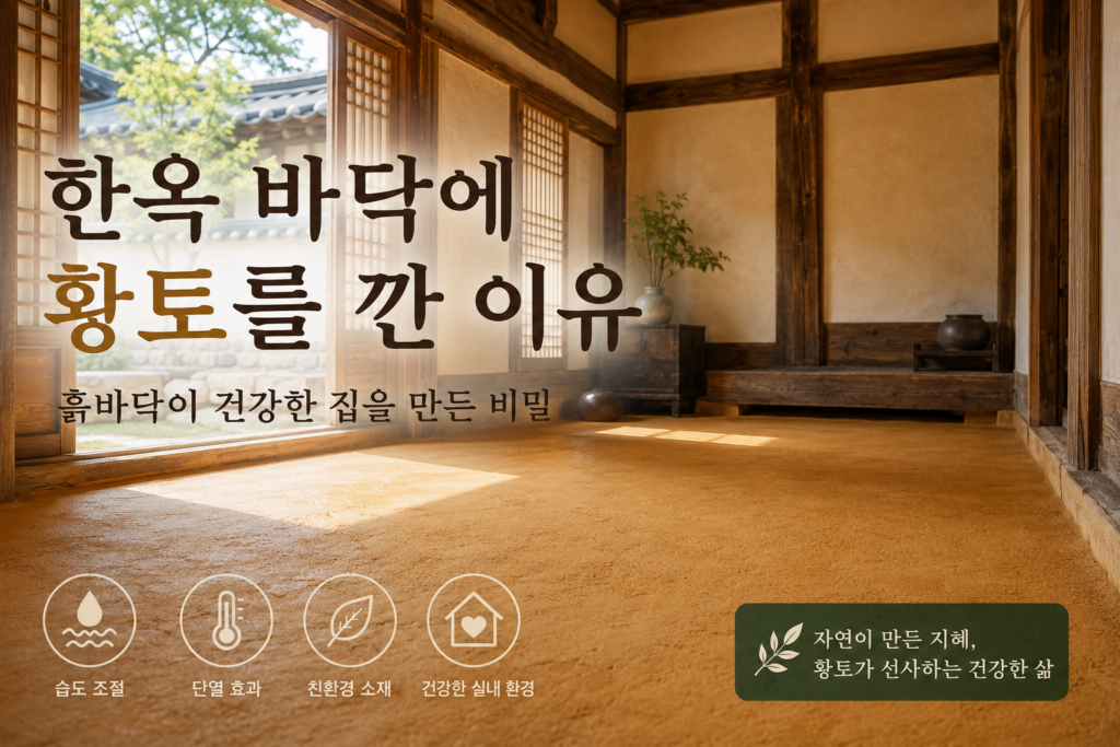 전통 한옥 바닥에 사용된 황토와 건강한 실내 환경을 보여주는 모습