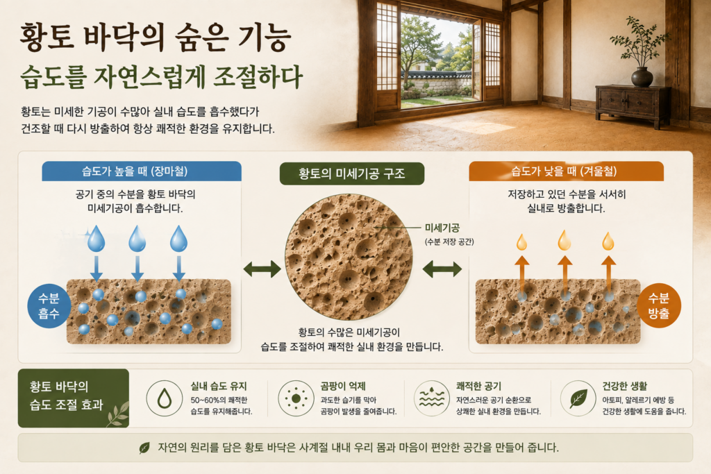 한옥 황토 바닥의 미세기공 구조와 자연 습도 조절 원리를 설명한 이미지