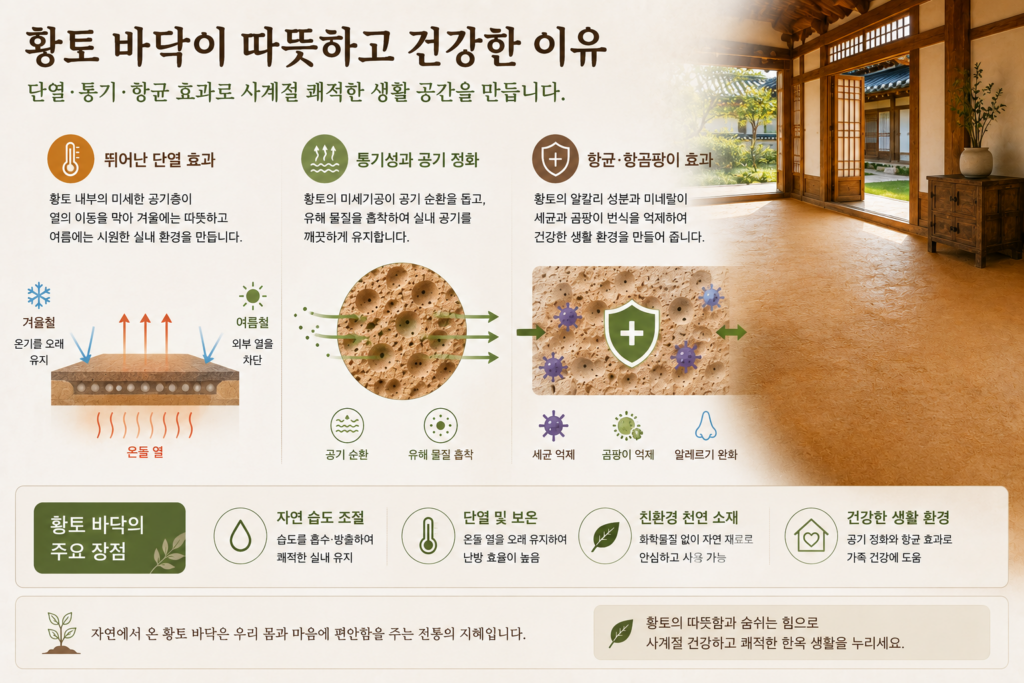 한옥 황토 바닥의 단열 효과와 건강한 실내 환경을 설명한 이미지