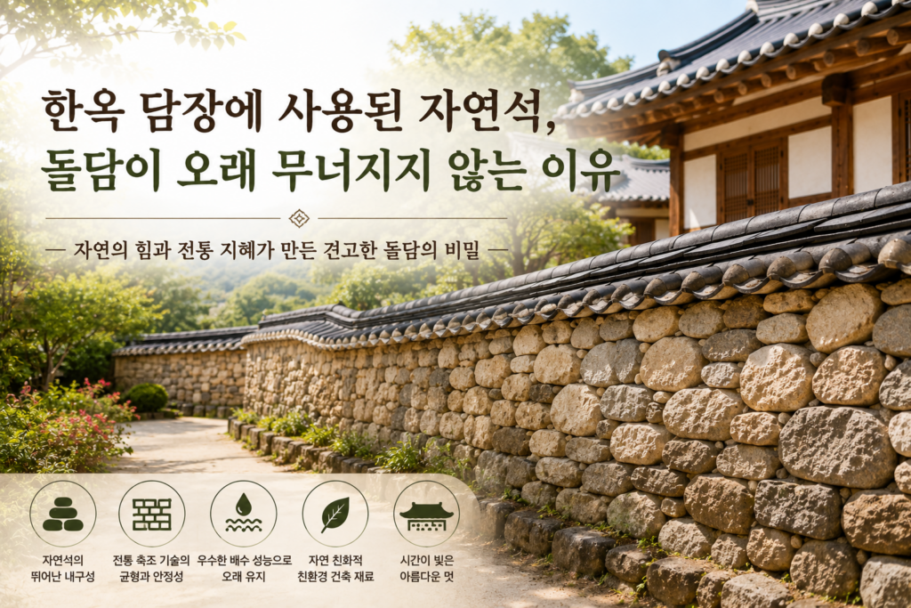 전통 한옥 담장에 사용된 자연석 돌담과 뛰어난 내구성을 보여주는 모습