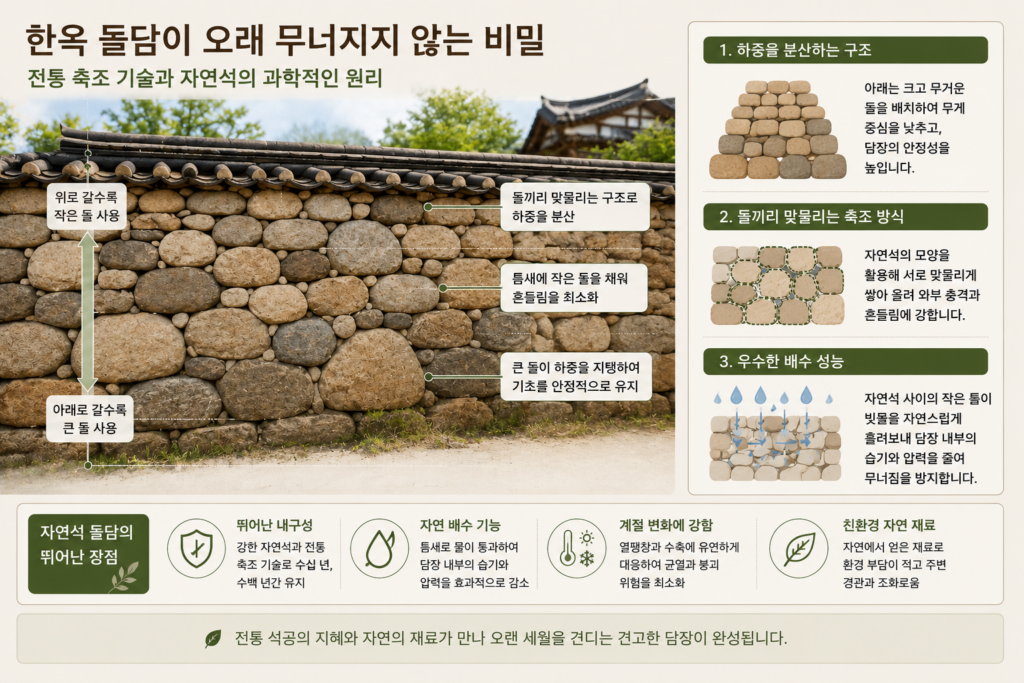 한옥 자연석 돌담의 전통 축조 구조와 하중 분산 원리를 설명한 이미지