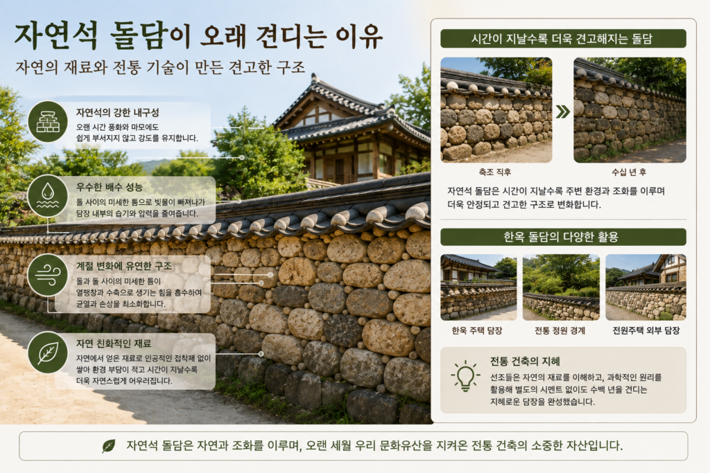 한옥 자연석 돌담의 내구성과 배수 성능을 설명한 이미지