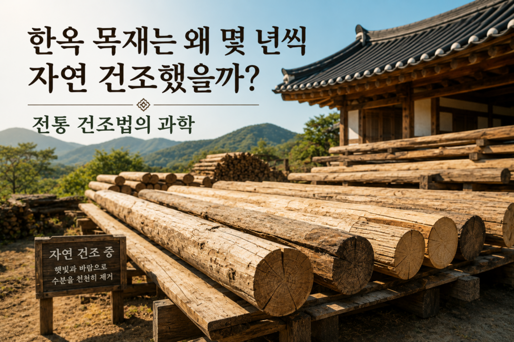 전통 한옥 건축에 사용되는 목재를 자연 건조하는 모습을 담은 이미지